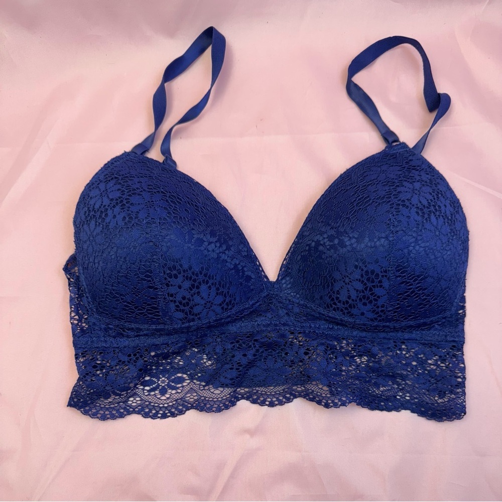 Prima Valentina Blue Floral Lace Bralette Bra 36B Soft Stretch Elegant